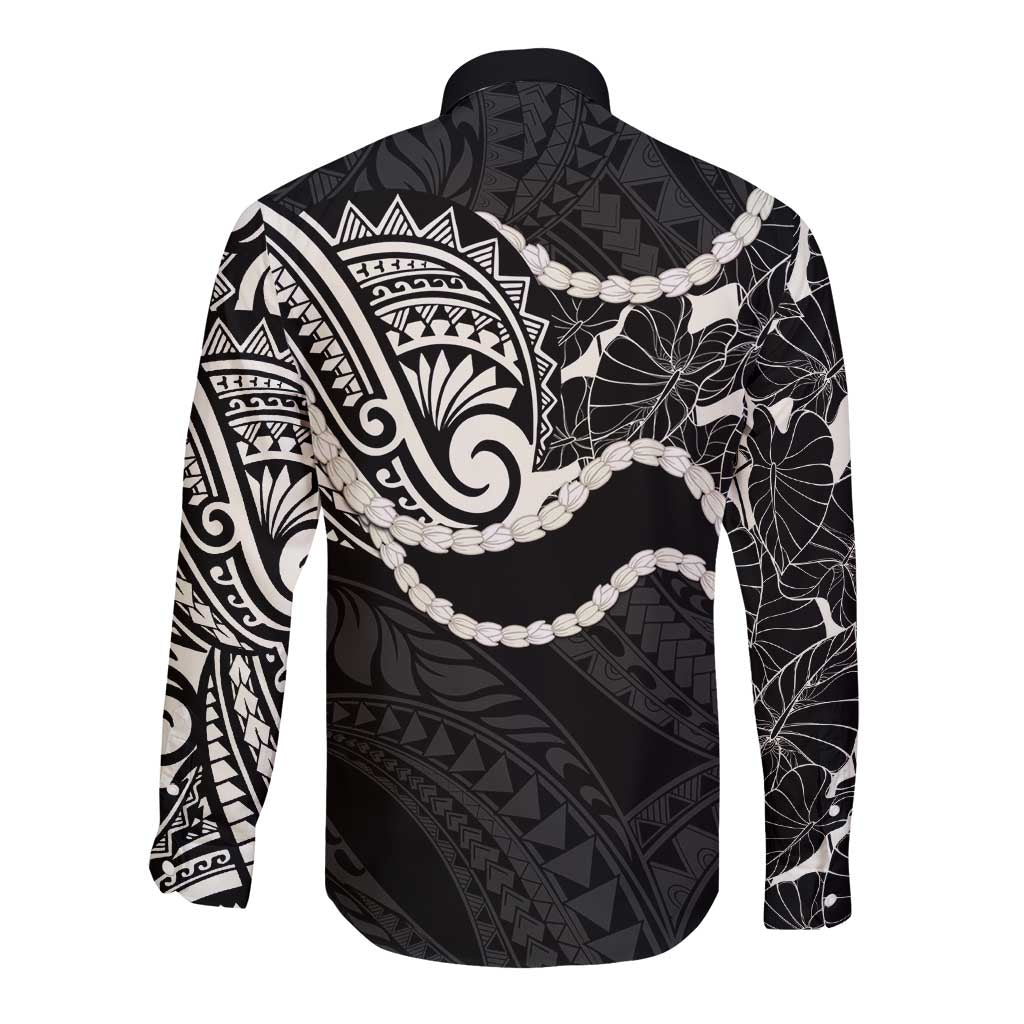 Aloha Hawaii Kalo Pikake Lei Long Sleeve Button Shirt Chest Tattoo Black Hawaiian Pattern LT14 - Polynesian Pride