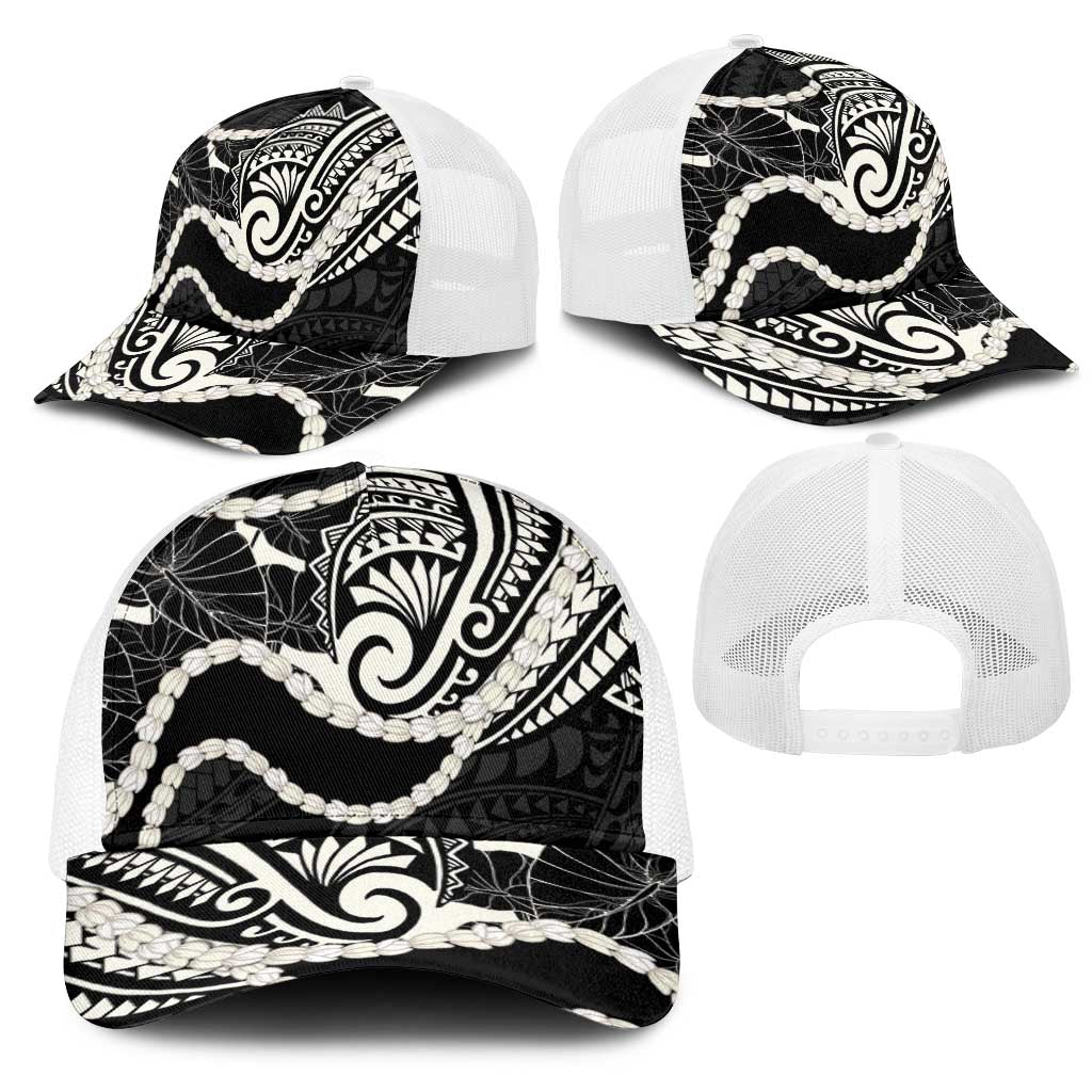 Aloha Hawaii Kalo Pikake Lei Mesh Trucker Cap Chest Tattoo Black Hawaiian Pattern LT14 - Polynesian Pride