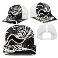 Aloha Hawaii Kalo Pikake Lei Mesh Trucker Cap Chest Tattoo Black Hawaiian Pattern LT14 - Polynesian Pride