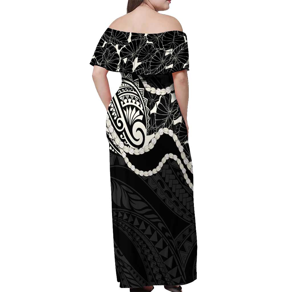 Aloha Hawaii Kalo Pikake Lei Off Shoulder Maxi Dress Chest Tattoo Black Hawaiian Pattern LT14 - Polynesian Pride
