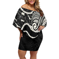 Aloha Hawaii Kalo Pikake Lei Off Shoulder Short Dress Chest Tattoo Black Hawaiian Pattern LT14 Women Black - Polynesian Pride