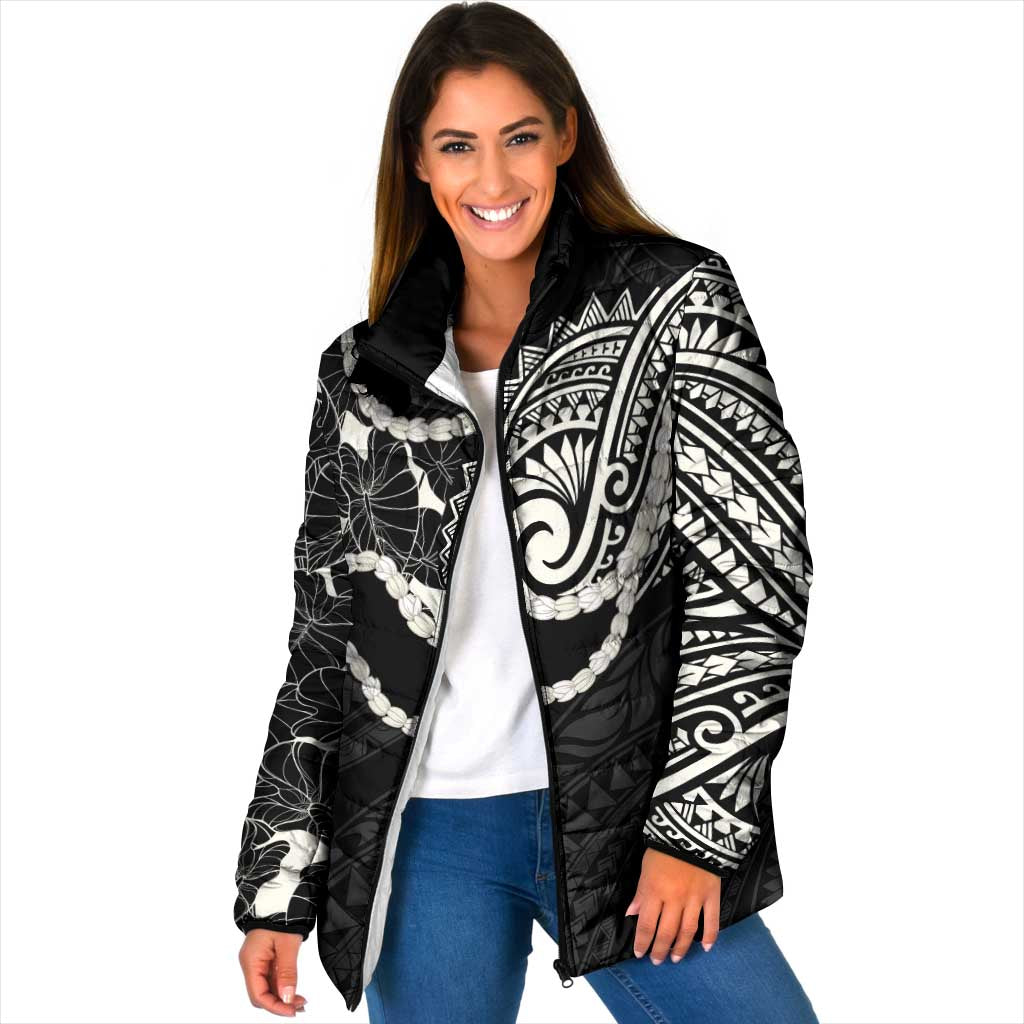 Aloha Hawaii Kalo Pikake Lei Padded Jacket Chest Tattoo Black Hawaiian Pattern LT14 Women Black - Polynesian Pride