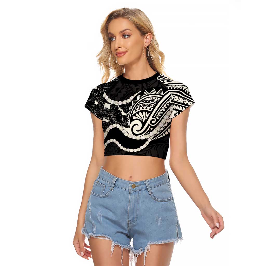 Aloha Hawaii Kalo Pikake Lei Raglan Cropped T Shirt Chest Tattoo Black Hawaiian Pattern LT14 Female Black - Polynesian Pride