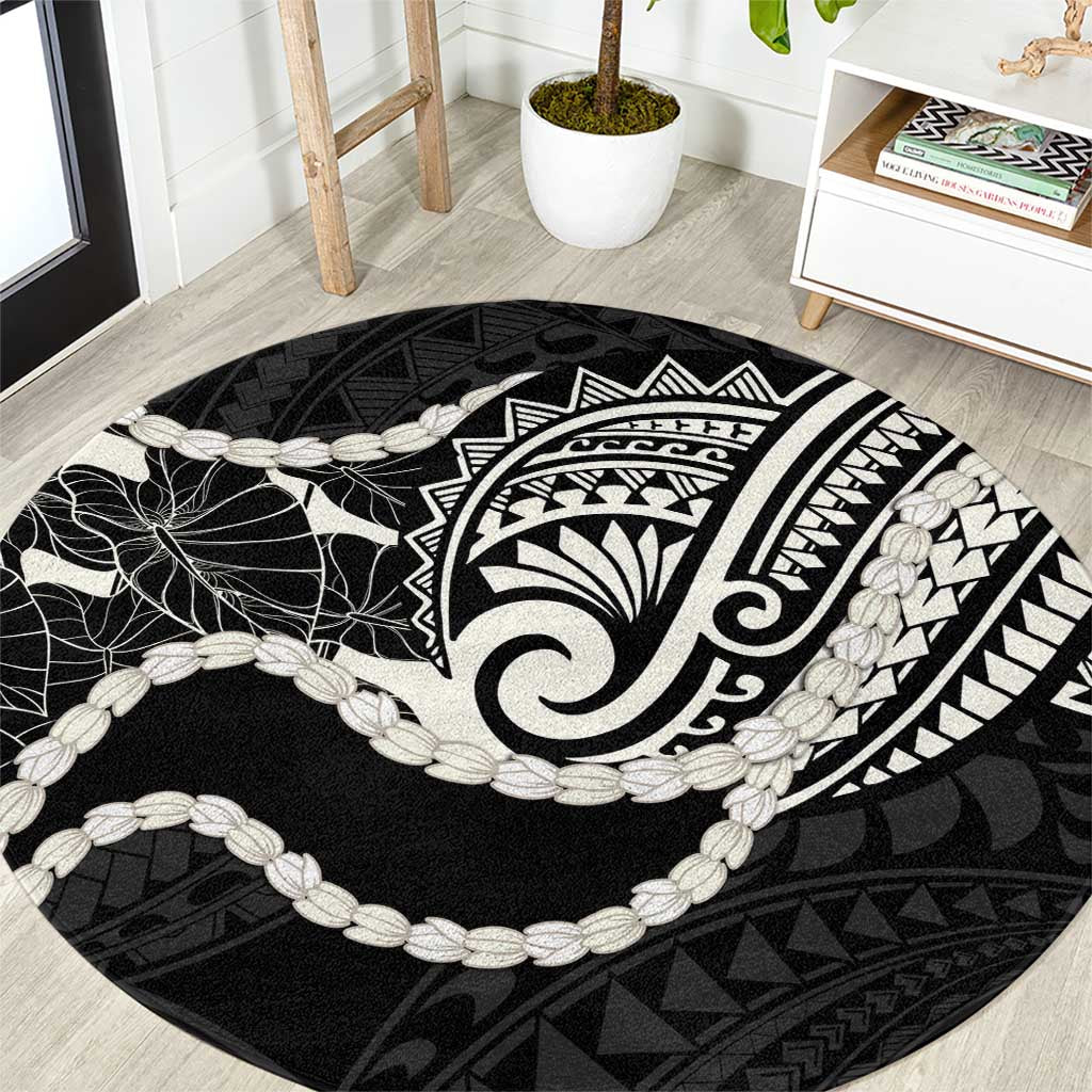 Aloha Hawaii Kalo Pikake Lei Round Carpet Chest Tattoo Black Hawaiian Pattern