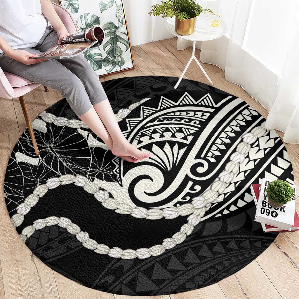 Aloha Hawaii Kalo Pikake Lei Round Carpet Chest Tattoo Black Hawaiian Pattern