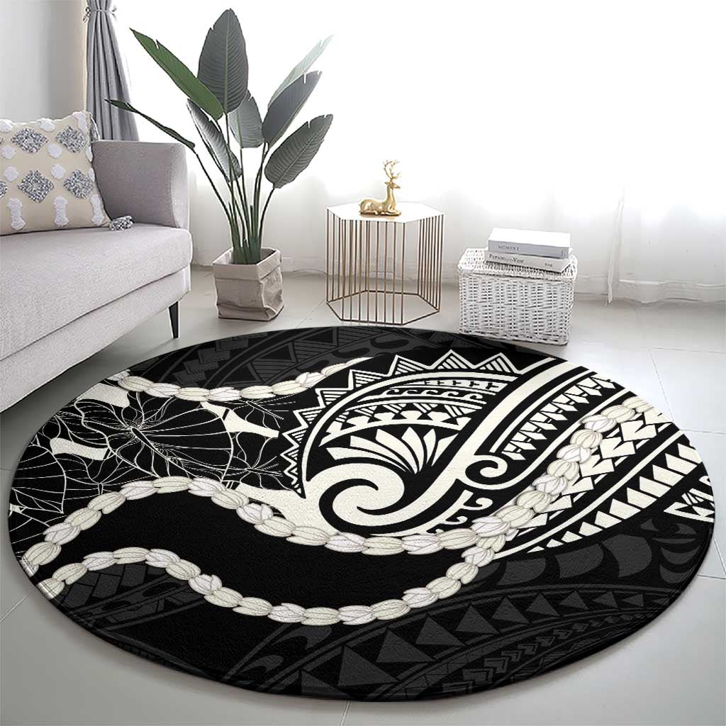 Aloha Hawaii Kalo Pikake Lei Round Carpet Chest Tattoo Black Hawaiian Pattern