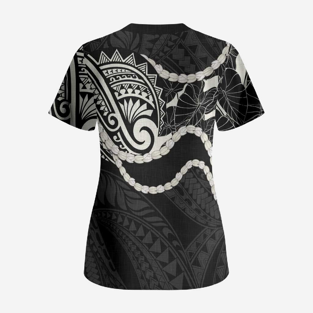 Aloha Hawaii Kalo Pikake Lei Scrub Top Chest Tattoo Black Hawaiian Pattern LT14 - Polynesian Pride