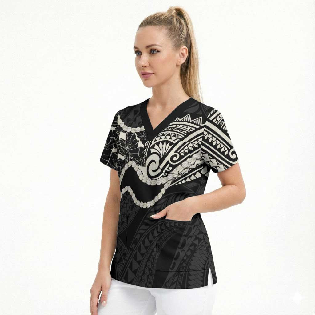 Aloha Hawaii Kalo Pikake Lei Scrub Top Chest Tattoo Black Hawaiian Pattern LT14 - Polynesian Pride