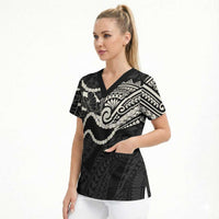 Aloha Hawaii Kalo Pikake Lei Scrub Top Chest Tattoo Black Hawaiian Pattern LT14 - Polynesian Pride