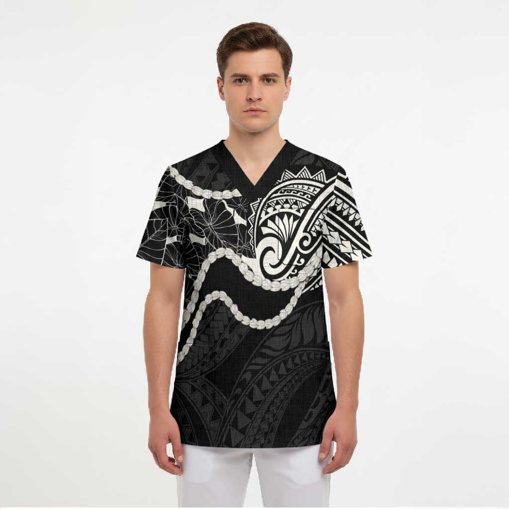 Aloha Hawaii Kalo Pikake Lei Scrub Top Chest Tattoo Black Hawaiian Pattern LT14 - Polynesian Pride