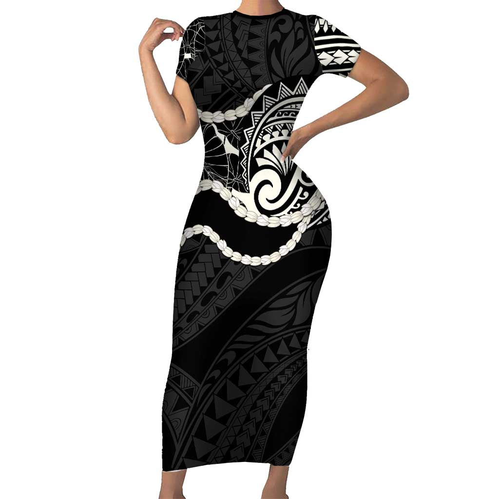 Aloha Hawaii Kalo Pikake Lei Short Sleeve Bodycon Dress Chest Tattoo Black Hawaiian Pattern