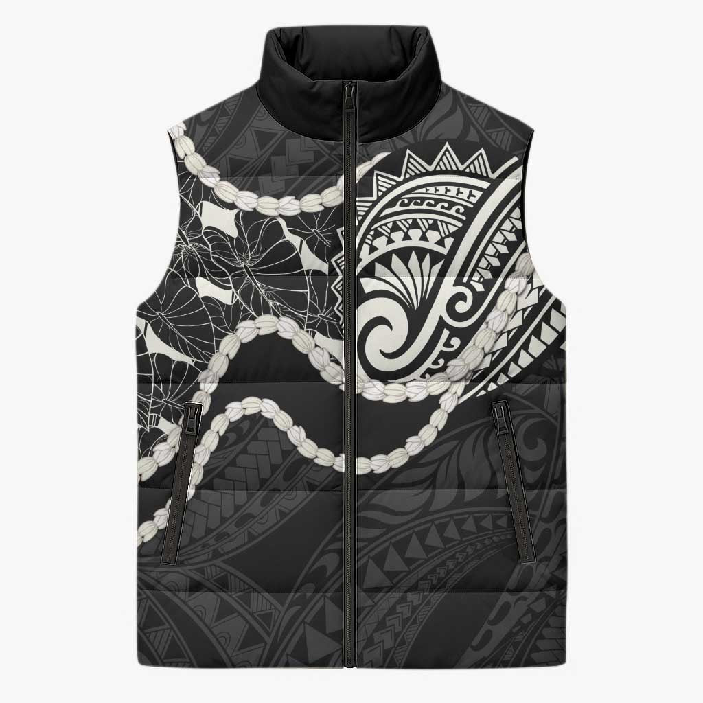 Aloha Hawaii Kalo Pikake Lei Sleeveless Puffer Jacket Chest Tattoo Black Hawaiian Pattern LT14 Unisex Black - Polynesian Pride