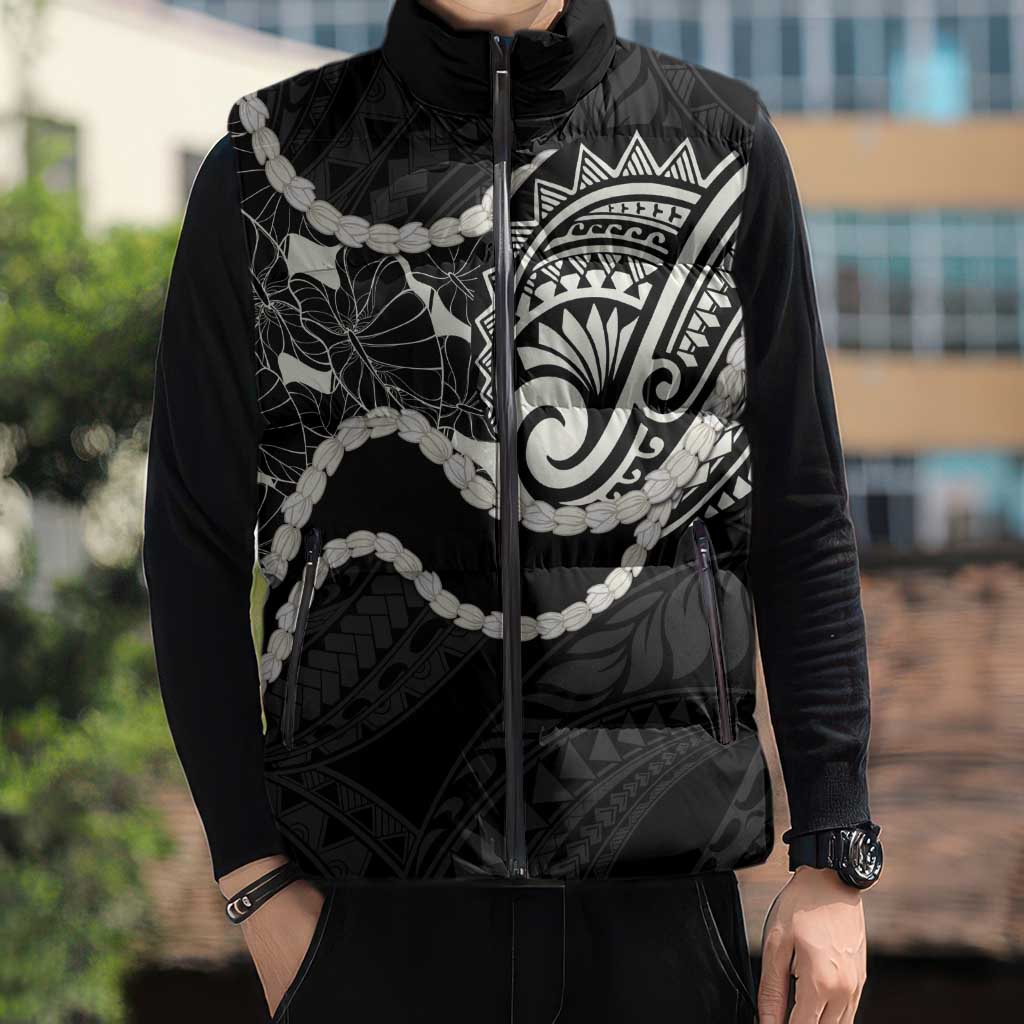 Aloha Hawaii Kalo Pikake Lei Sleeveless Puffer Jacket Chest Tattoo Black Hawaiian Pattern LT14 - Polynesian Pride
