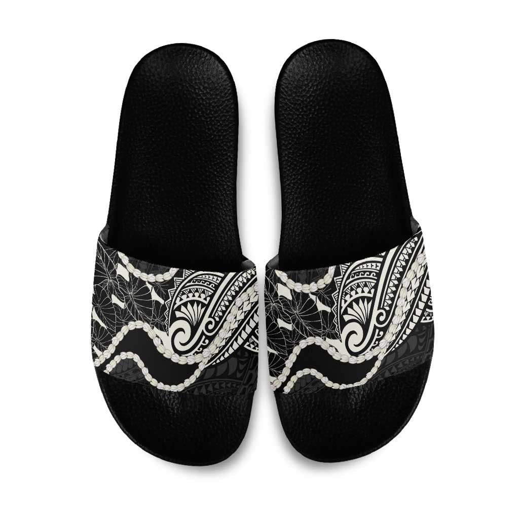 Aloha Hawaii Kalo Pikake Lei Slide Sandals Chest Tattoo Black Hawaiian Pattern LT14 Black - Polynesian Pride