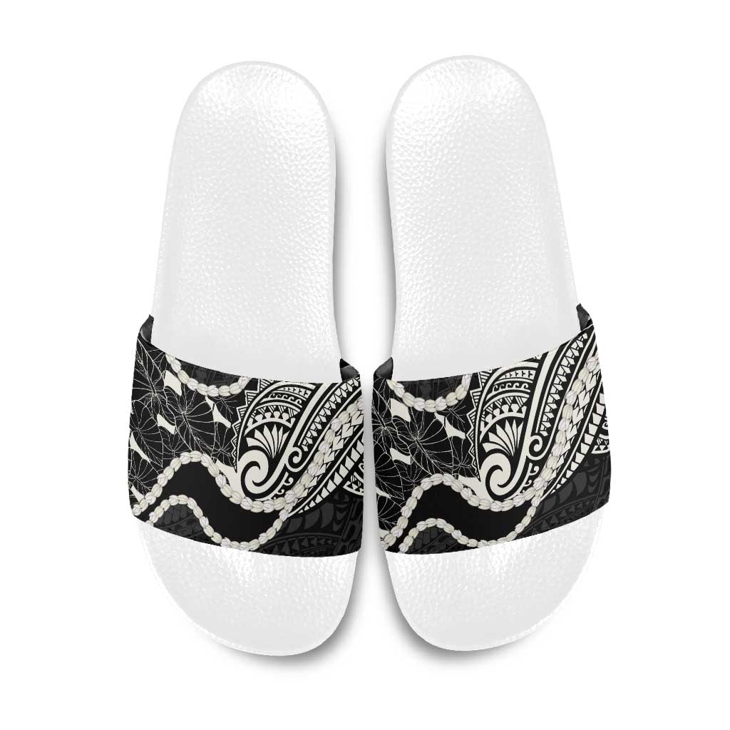 Aloha Hawaii Kalo Pikake Lei Slide Sandals Chest Tattoo Black Hawaiian Pattern LT14 Black - Polynesian Pride
