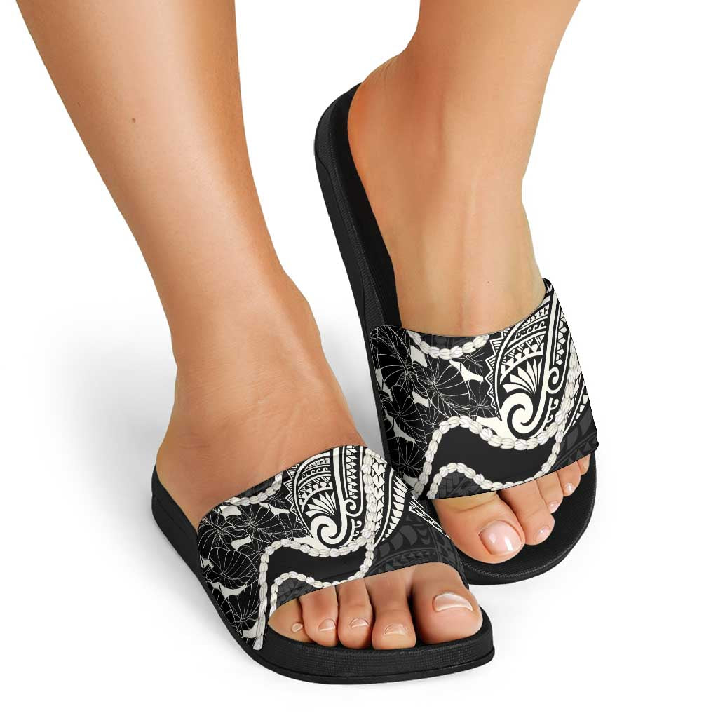 Aloha Hawaii Kalo Pikake Lei Slide Sandals Chest Tattoo Black Hawaiian Pattern LT14 - Polynesian Pride