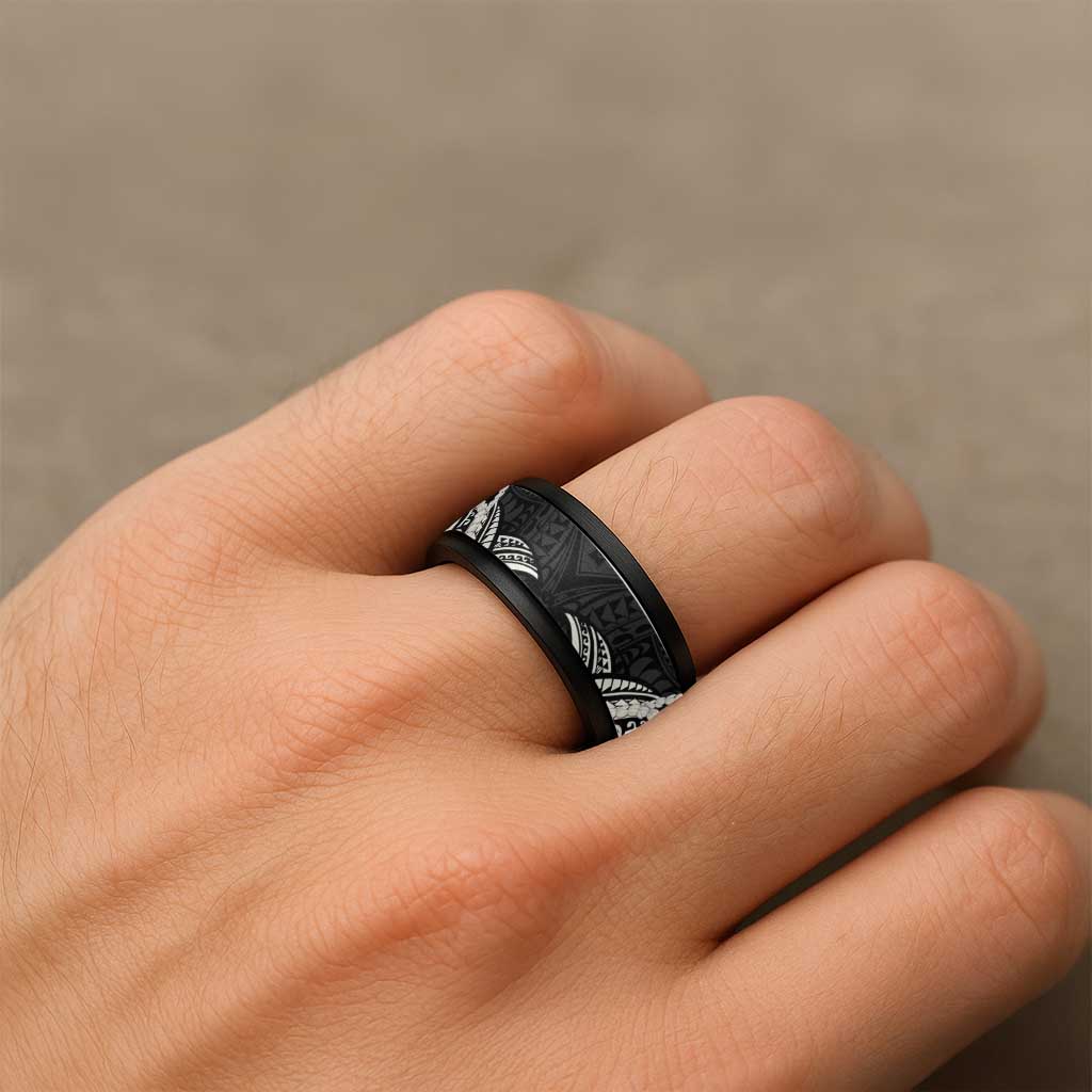 Aloha Hawaii Kalo Pikake Lei Spinner Ring Chest Tattoo Black Hawaiian Pattern LT14 - Polynesian Pride