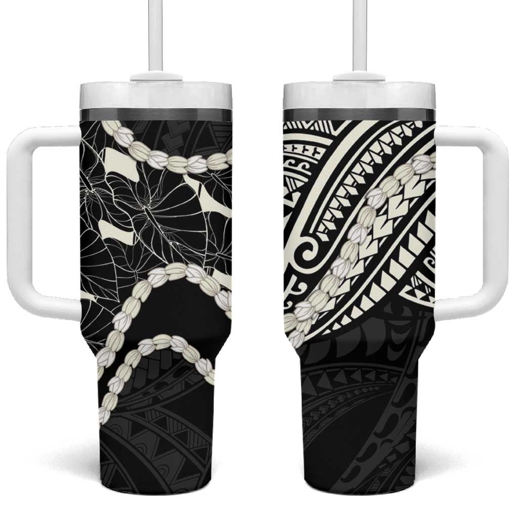 Aloha Hawaii Kalo Pikake Lei Tumbler With Handle Chest Tattoo Black Hawaiian Pattern LT14 One Size: 40 oz Black - Polynesian Pride