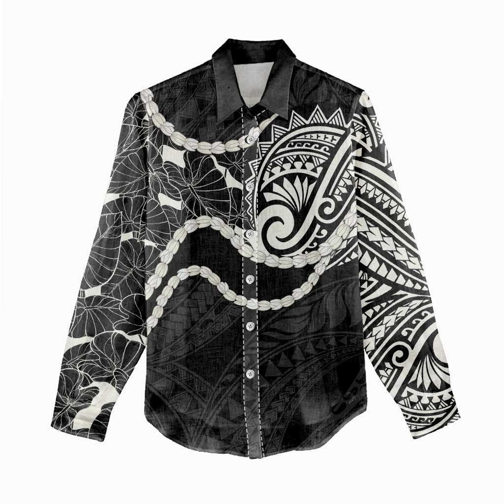 Aloha Hawaii Kalo Pikake Lei Women Casual Shirt Chest Tattoo Black Hawaiian Pattern LT14 - Polynesian Pride