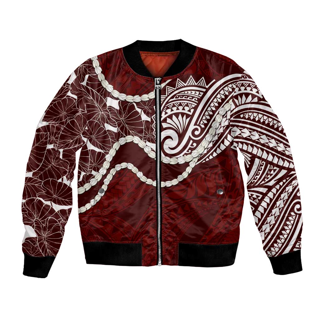 Aloha Hawaii Kalo Pikake Lei Bomber Jacket Chest Tattoo Oxblood Hawaiian Pattern LT14 Unisex Oxblood - Polynesian Pride