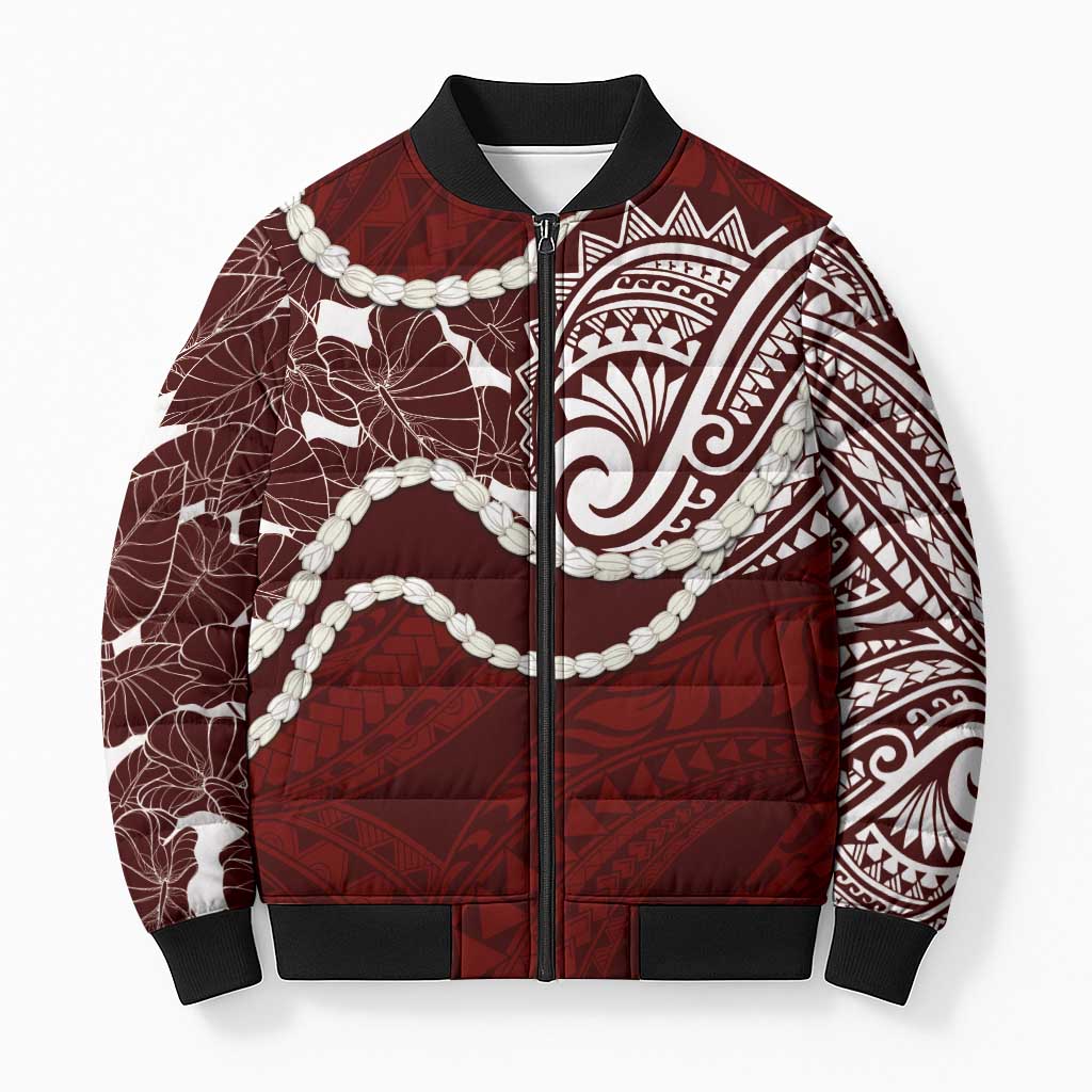 Aloha Hawaii Kalo Pikake Lei Bomber Puffer Jacket Chest Tattoo Oxblood Hawaiian Pattern LT14 Unisex Oxblood - Polynesian Pride