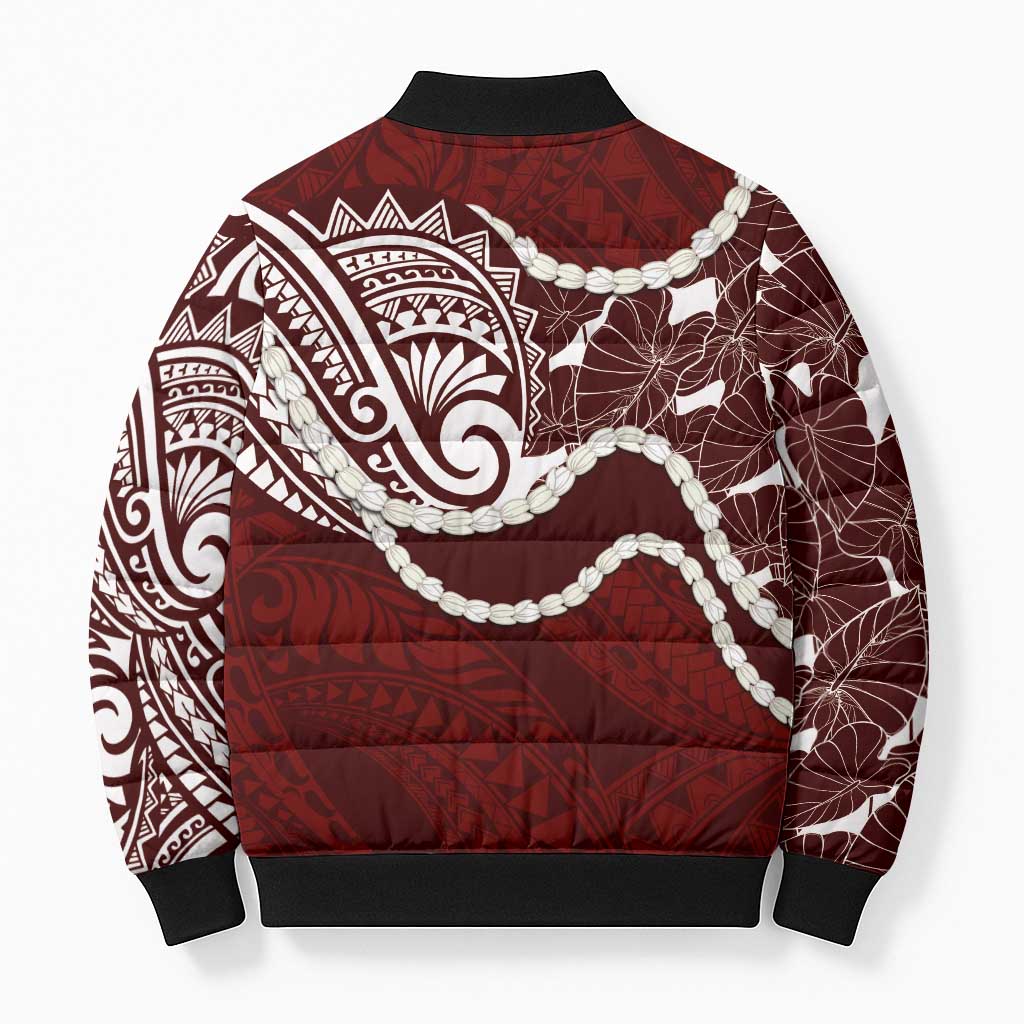 Aloha Hawaii Kalo Pikake Lei Bomber Puffer Jacket Chest Tattoo Oxblood Hawaiian Pattern LT14 - Polynesian Pride