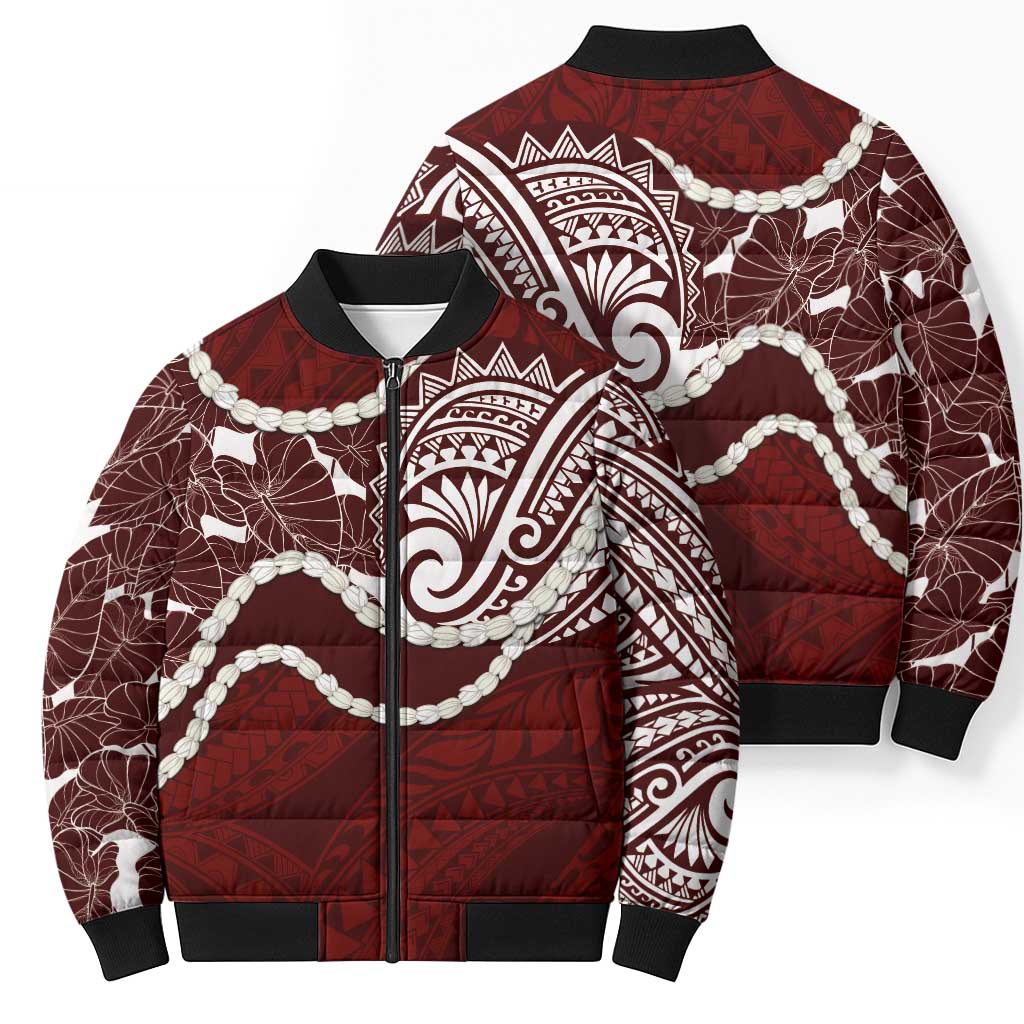 Aloha Hawaii Kalo Pikake Lei Bomber Puffer Jacket Chest Tattoo Oxblood Hawaiian Pattern LT14 - Polynesian Pride