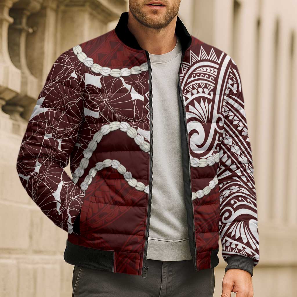 Aloha Hawaii Kalo Pikake Lei Bomber Puffer Jacket Chest Tattoo Oxblood Hawaiian Pattern LT14 - Polynesian Pride
