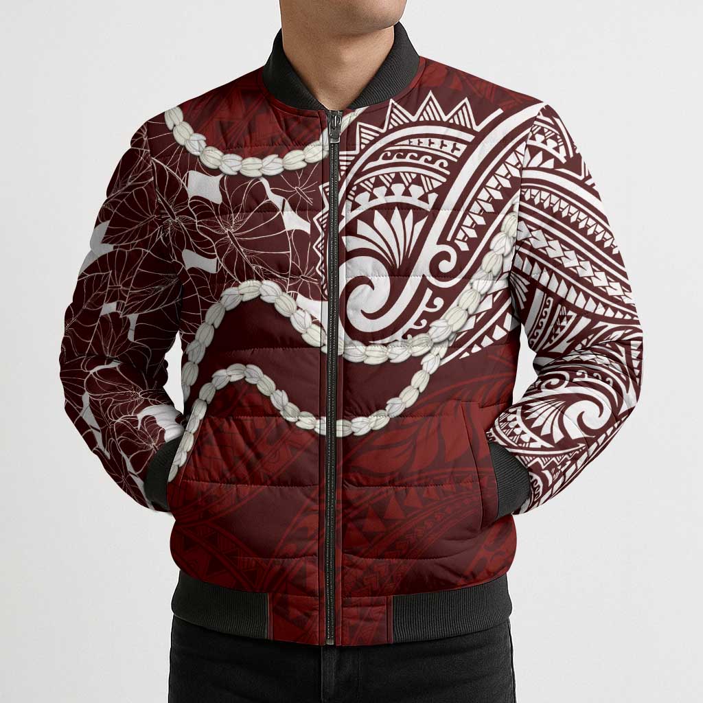 Aloha Hawaii Kalo Pikake Lei Bomber Puffer Jacket Chest Tattoo Oxblood Hawaiian Pattern LT14 - Polynesian Pride