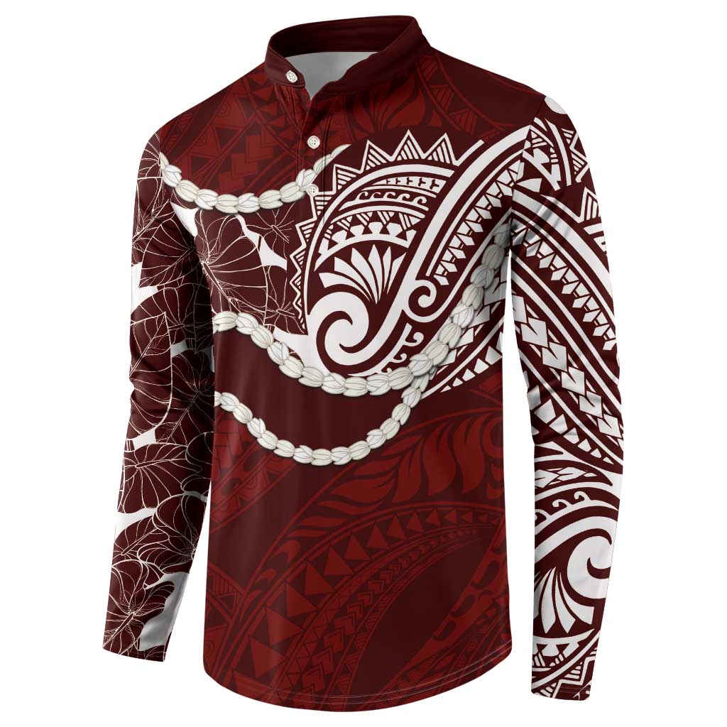 Aloha Hawaii Kalo Pikake Lei Button Sweatshirt Chest Tattoo Oxblood Hawaiian Pattern LT14 - Polynesian Pride