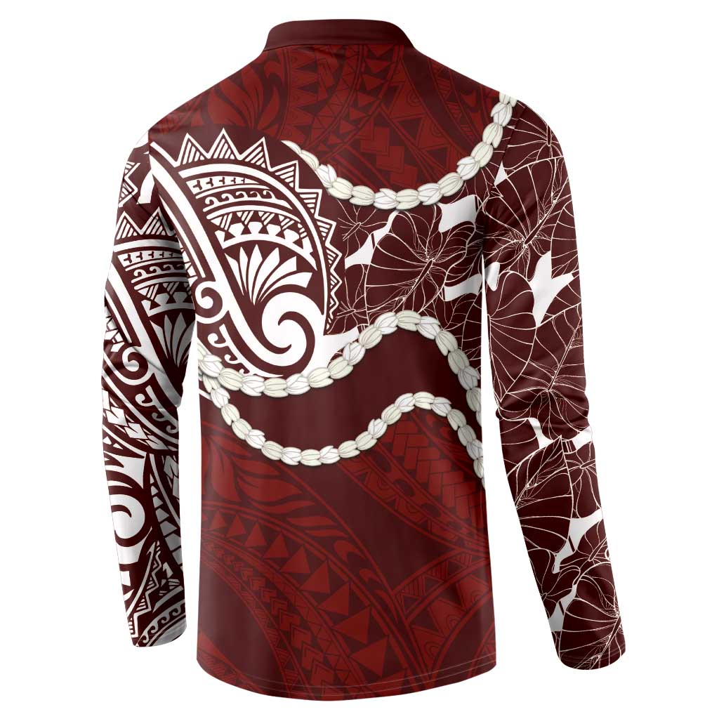 Aloha Hawaii Kalo Pikake Lei Button Sweatshirt Chest Tattoo Oxblood Hawaiian Pattern LT14 - Polynesian Pride