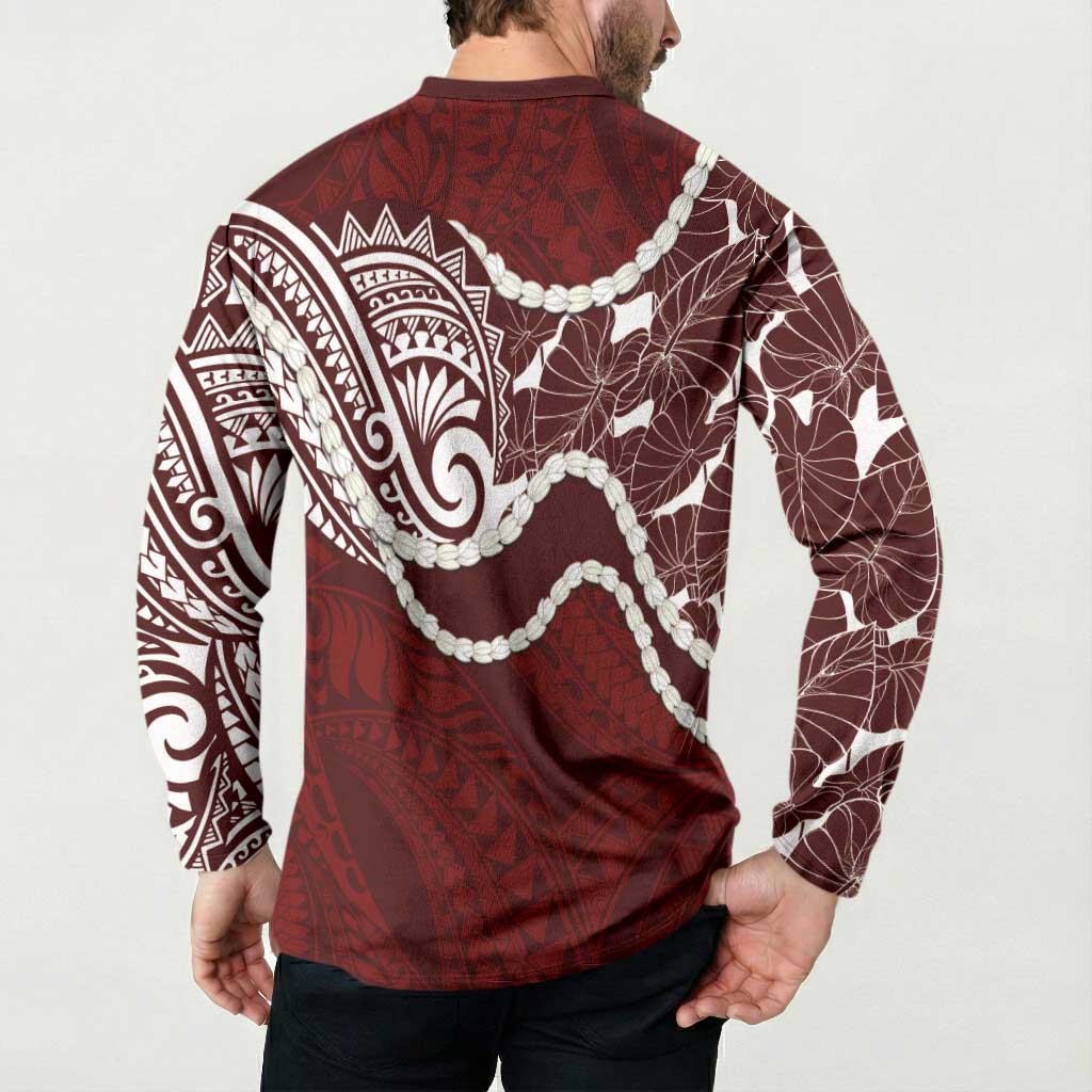 Aloha Hawaii Kalo Pikake Lei Button Sweatshirt Chest Tattoo Oxblood Hawaiian Pattern LT14 - Polynesian Pride