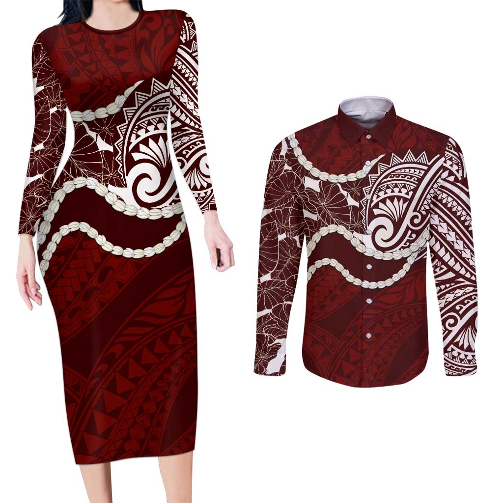 Aloha Hawaii Kalo Pikake Lei Couples Matching Long Sleeve Bodycon Dress and Long Sleeve Button Shirt Chest Tattoo Oxblood Hawaiian Pattern