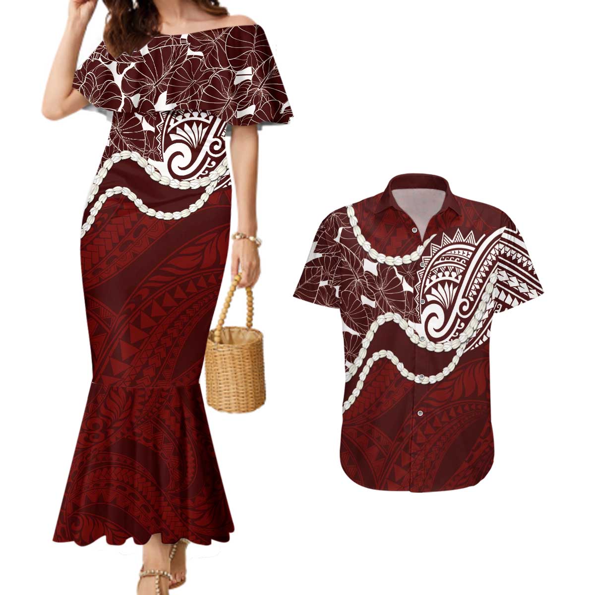Aloha Hawaii Kalo Pikake Lei Couples Matching Mermaid Dress and Hawaiian Shirt Chest Tattoo Oxblood Hawaiian Pattern