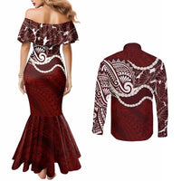Aloha Hawaii Kalo Pikake Lei Couples Matching Mermaid Dress and Long Sleeve Button Shirt Chest Tattoo Oxblood Hawaiian Pattern