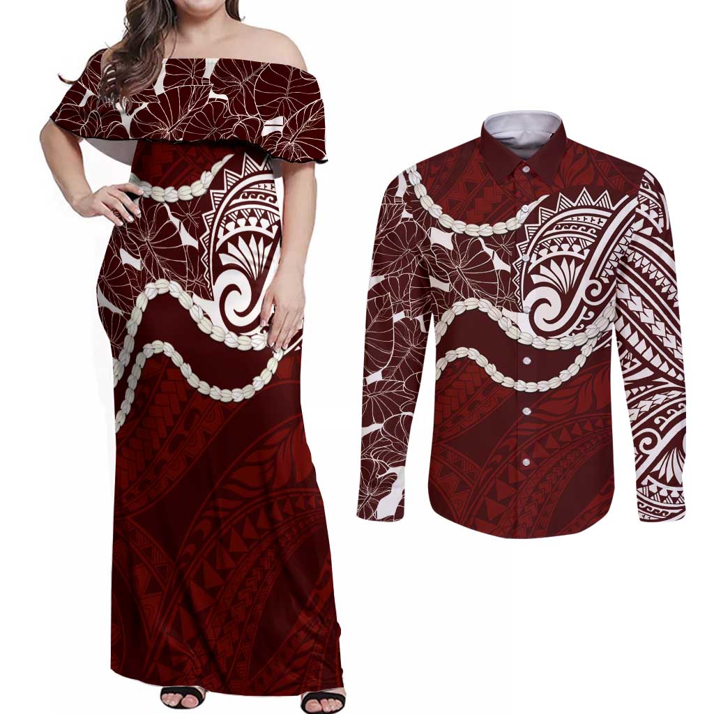 Aloha Hawaii Kalo Pikake Lei Couples Matching Off Shoulder Maxi Dress and Long Sleeve Button Shirt Chest Tattoo Oxblood Hawaiian Pattern LT14 Oxblood - Polynesian Pride