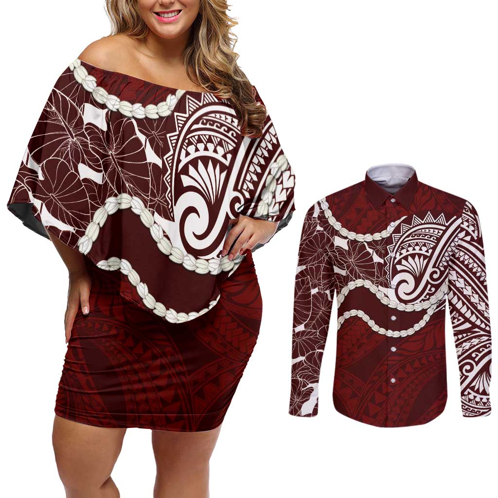 Aloha Hawaii Kalo Pikake Lei Couples Matching Off Shoulder Short Dress and Long Sleeve Button Shirt Chest Tattoo Oxblood Hawaiian Pattern