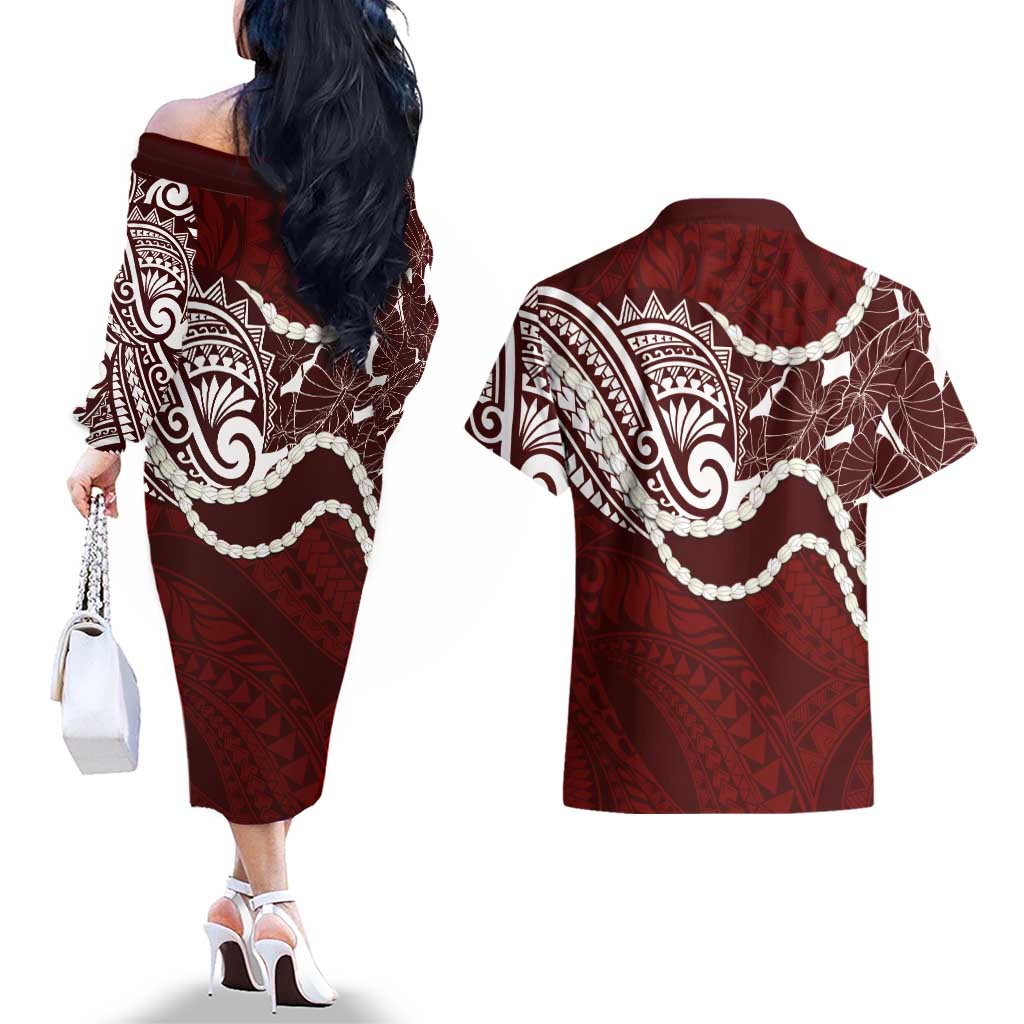 Aloha Hawaii Kalo Pikake Lei Couples Matching Off The Shoulder Long Sleeve Dress and Hawaiian Shirt Chest Tattoo Oxblood Hawaiian Pattern