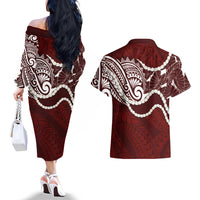 Aloha Hawaii Kalo Pikake Lei Couples Matching Off The Shoulder Long Sleeve Dress and Hawaiian Shirt Chest Tattoo Oxblood Hawaiian Pattern