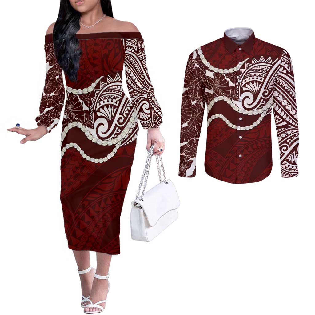 Aloha Hawaii Kalo Pikake Lei Couples Matching Off The Shoulder Long Sleeve Dress and Long Sleeve Button Shirt Chest Tattoo Oxblood Hawaiian Pattern