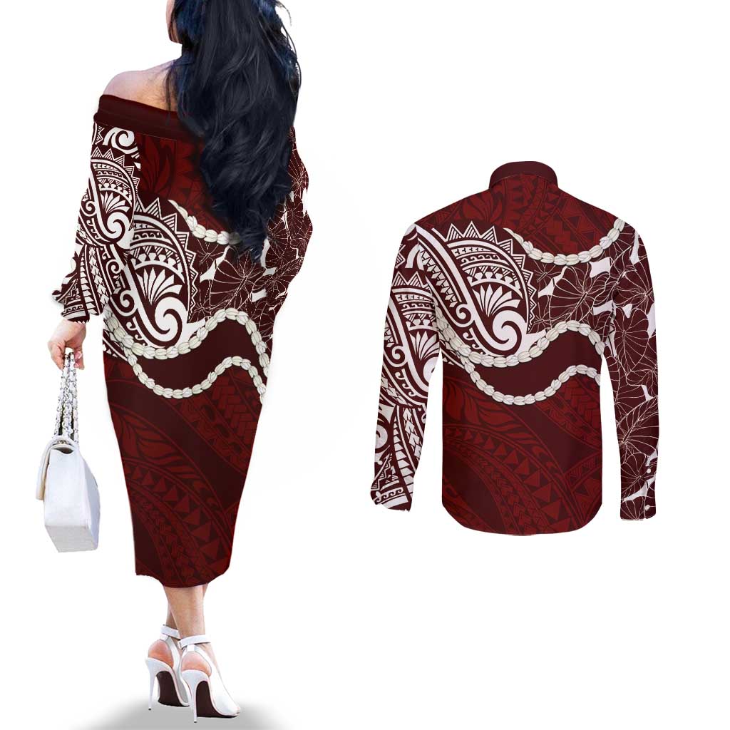 Aloha Hawaii Kalo Pikake Lei Couples Matching Off The Shoulder Long Sleeve Dress and Long Sleeve Button Shirt Chest Tattoo Oxblood Hawaiian Pattern