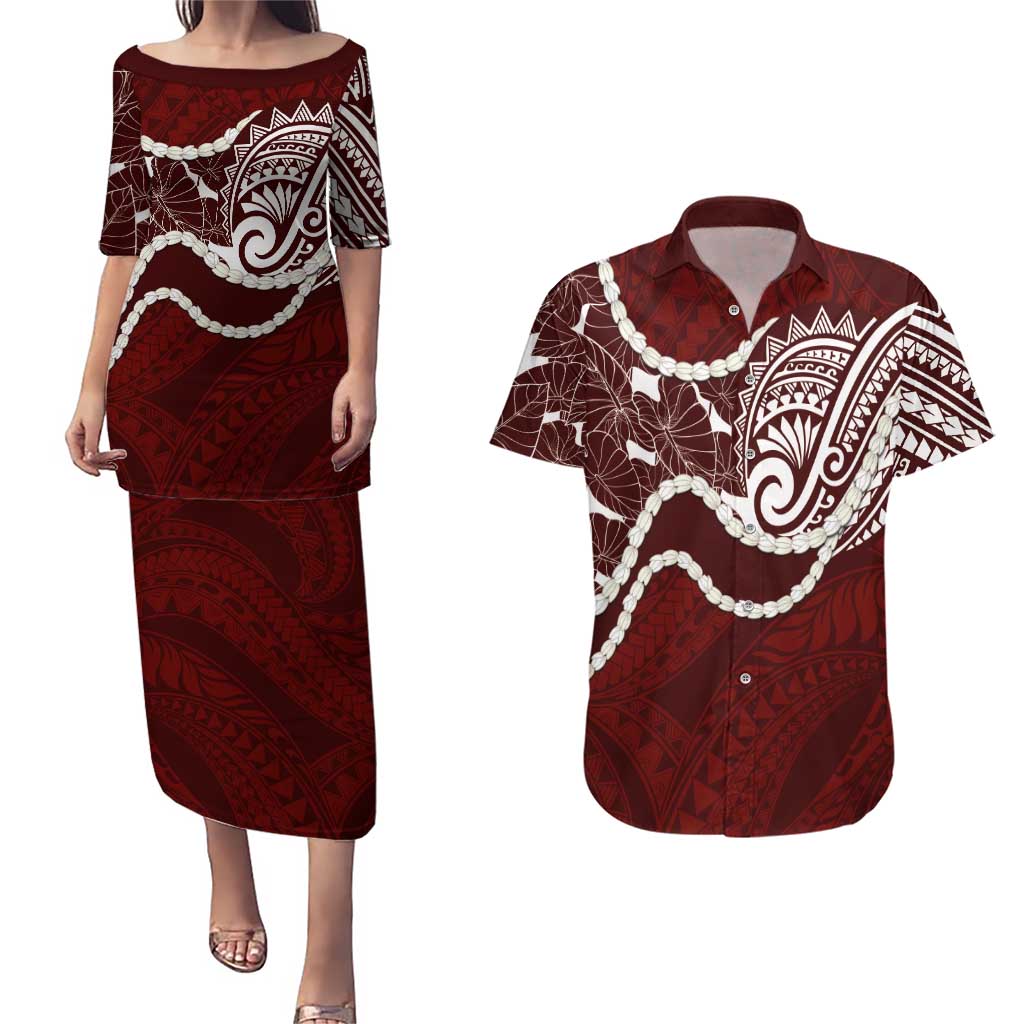 Aloha Hawaii Kalo Pikake Lei Couples Matching Puletasi and Hawaiian Shirt Chest Tattoo Oxblood Hawaiian Pattern