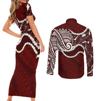 Aloha Hawaii Kalo Pikake Lei Couples Matching Short Sleeve Bodycon Dress and Long Sleeve Button Shirt Chest Tattoo Oxblood Hawaiian Pattern