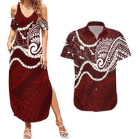 Aloha Hawaii Kalo Pikake Lei Couples Matching Summer Maxi Dress and Hawaiian Shirt Chest Tattoo Oxblood Hawaiian Pattern