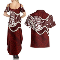Aloha Hawaii Kalo Pikake Lei Couples Matching Summer Maxi Dress and Hawaiian Shirt Chest Tattoo Oxblood Hawaiian Pattern
