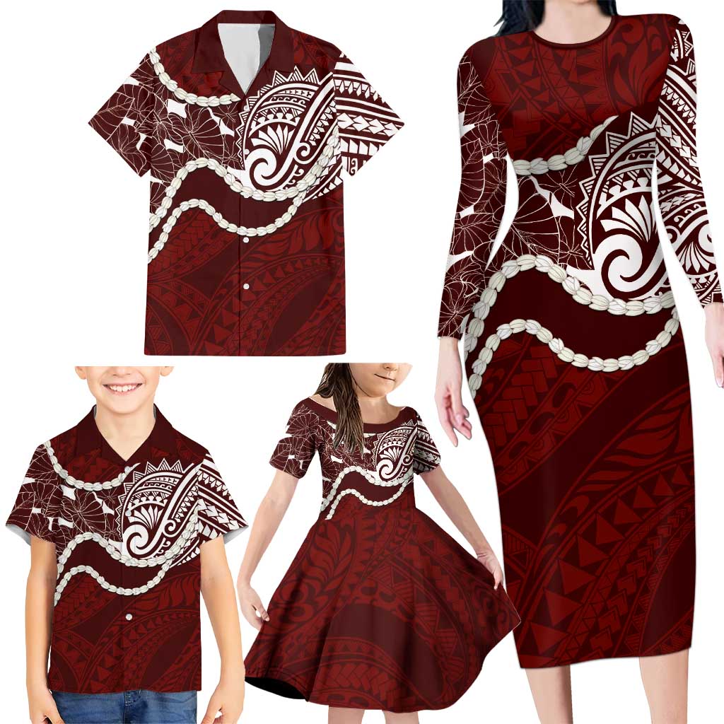 Aloha Hawaii Kalo Pikake Lei Family Matching Long Sleeve Bodycon Dress and Hawaiian Shirt Chest Tattoo Oxblood Hawaiian Pattern LT14 - Polynesian Pride