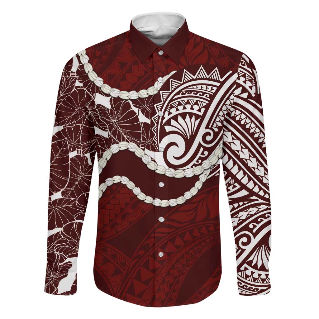 Aloha Hawaii Kalo Pikake Lei Family Matching Long Sleeve Bodycon Dress and Hawaiian Shirt Chest Tattoo Oxblood Hawaiian Pattern
