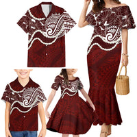 Aloha Hawaii Kalo Pikake Lei Family Matching Mermaid Dress and Hawaiian Shirt Chest Tattoo Oxblood Hawaiian Pattern