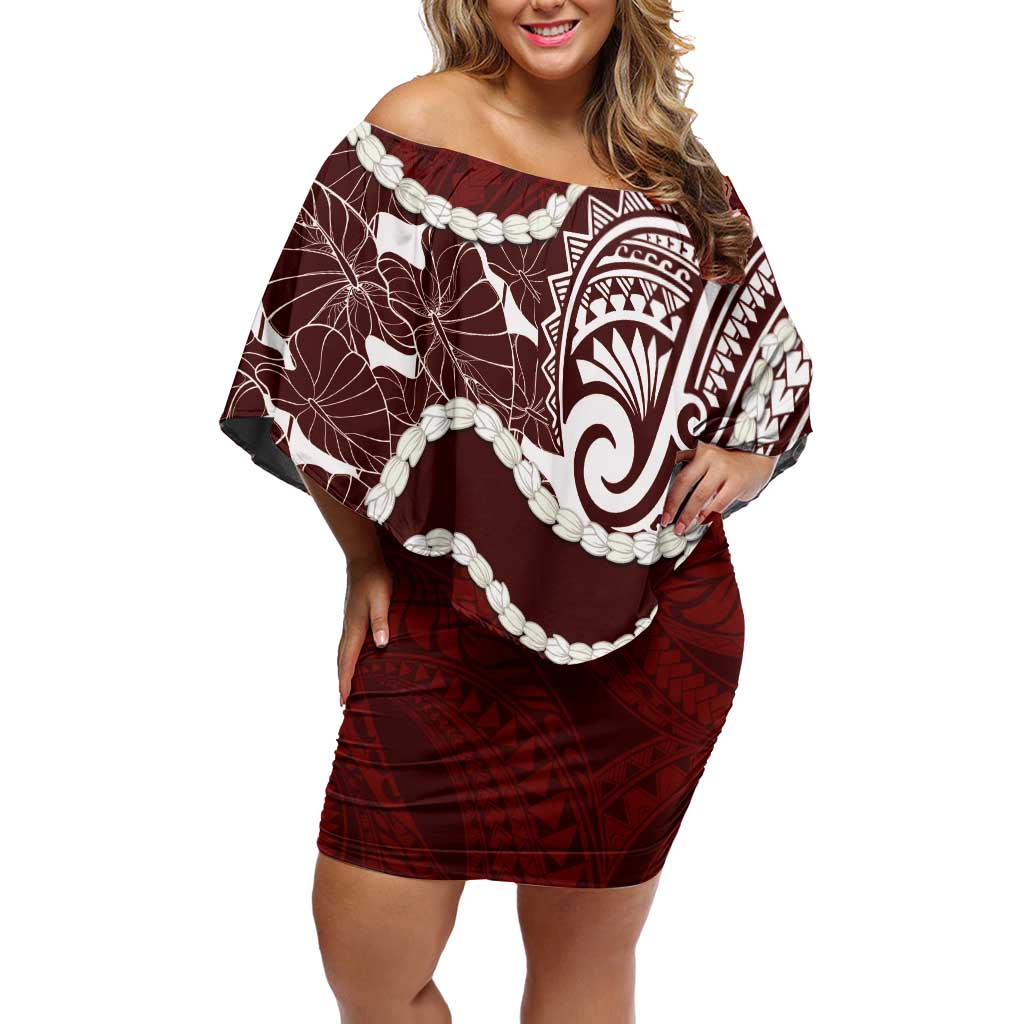 Aloha Hawaii Kalo Pikake Lei Family Matching Off Shoulder Short Dress and Hawaiian Shirt Chest Tattoo Oxblood Hawaiian Pattern