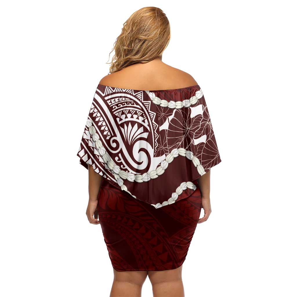 Aloha Hawaii Kalo Pikake Lei Family Matching Off Shoulder Short Dress and Hawaiian Shirt Chest Tattoo Oxblood Hawaiian Pattern